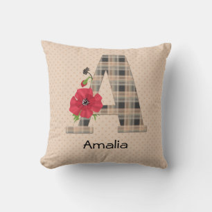 Personalised monogram editable A text red flower f Cushion