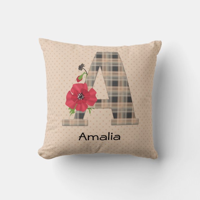 Personalised monogram editable A text red flower f Cushion (Front)
