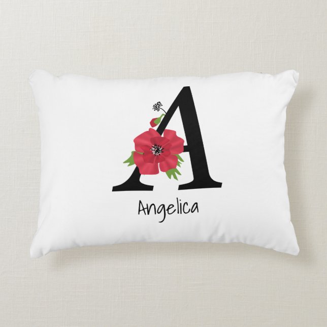 Personalised monogram editable A text red flower f Decorative Cushion (Front)