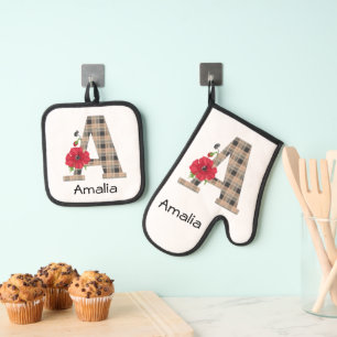 Personalised monogram editable A text red flower f Oven Mitt & Pot Holder Set