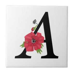 Personalised monogram editable A text red flower f Tile