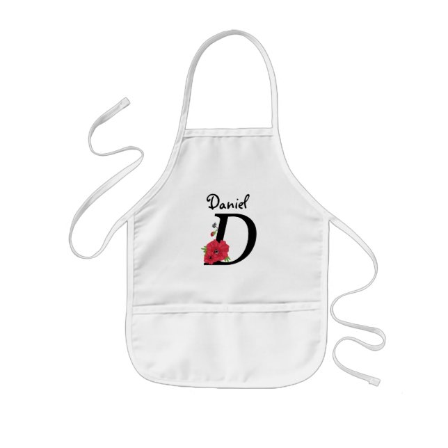 Personalised monogram editable D text red flower Kids Apron (Front)