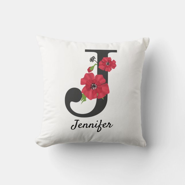 Personalised monogram editable J text red flower f Cushion (Front)