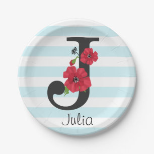 Personalised monogram editable J text red flower f Paper Plate