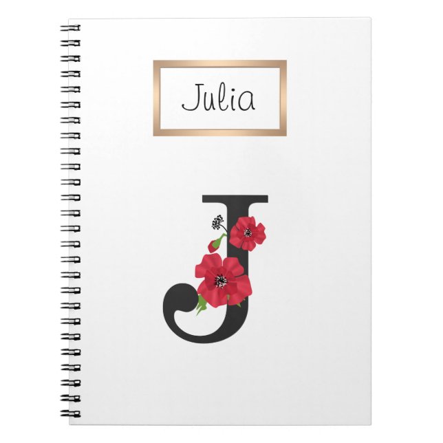 Personalised monogram editable j text red flower notebook (Front)