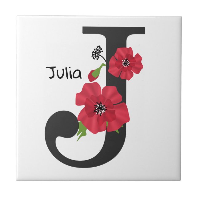 Personalised monogram editable J text red flower Tile (Front)