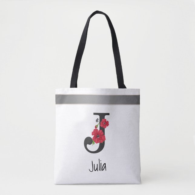 Personalised monogram editable j text red flower tote bag (Front)