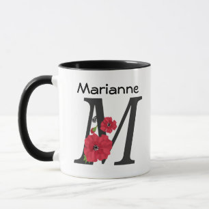 Personalised monogram editable M text red flower f Mug