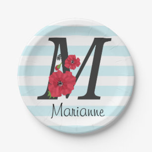 Personalised monogram editable M text red flower f Paper Plate