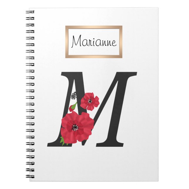 Personalised monogram editable M text red flower Notebook (Front)