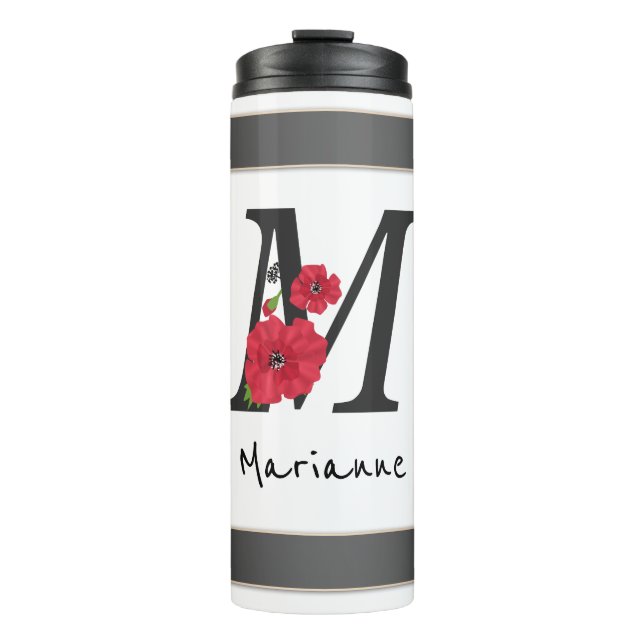Personalised monogram editable M text red flower Thermal Tumbler (Front)