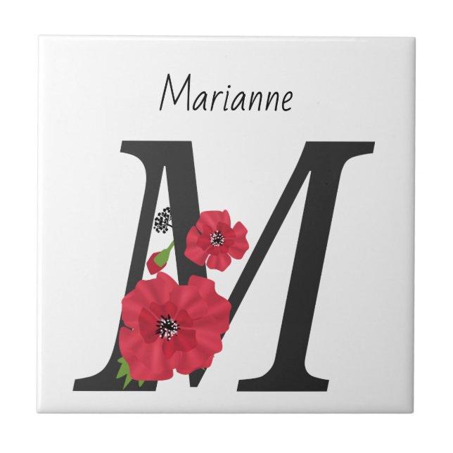 Personalised monogram editable M text red flower Tile (Front)