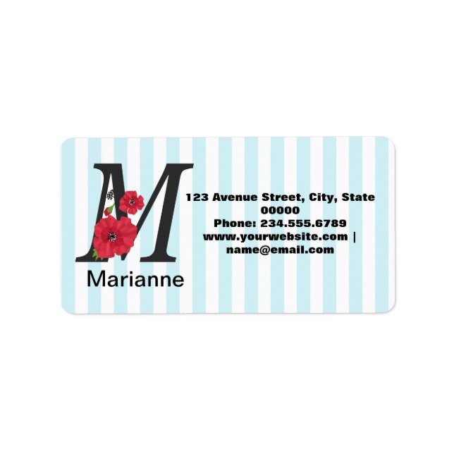 Personalised monogram editable Mtext red flower f Label (Front)