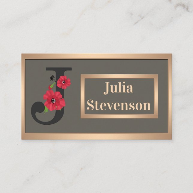 Personalised monogram editable text red flower flo business card (Front)
