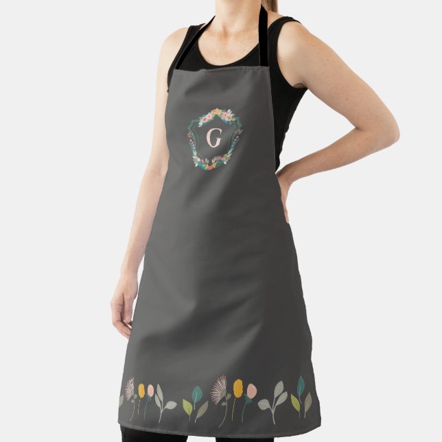 Personalised Monogram Elegant Pink Grey Floral Apron (Insitu)