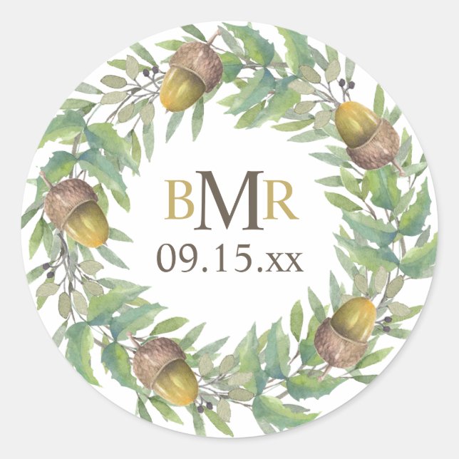 Personalised Monogram Fall Wedding Acorn Wreath Cl Classic Round Sticker (Front)