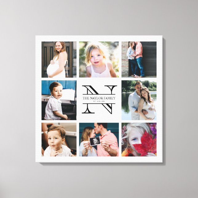 Personalised Monogram Family 8 Photo Collage Canvas Print (Front)