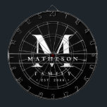 Personalised Monogram family Black white Modern Dartboard<br><div class="desc">Elevate your game nights and gatherings with this Black & White Minimalist Custom Monogram dart board, designed for both style and function. Featuring a sleek, modern black-and-white colour scheme and your personalised family name, monogram and established year, this table makes a statement while keeping the look clean and sophisticated. Great...</div>