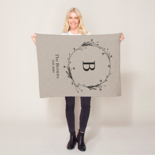 Personalised Monogram Family Name Rustic Linen  Fleece Blanket