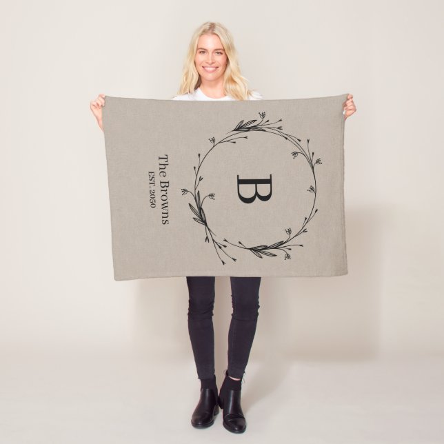 Personalised Monogram Family Name Rustic Linen  Fleece Blanket (In Situ)