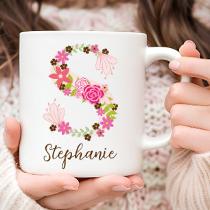 Personalised Monogram Floral Letter S Coffee Mug