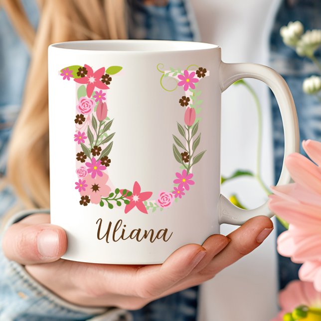 Personalised Monogram Floral Letter U Coffee Mug (Personalized Monogram Floral Letter U Coffee Mug)