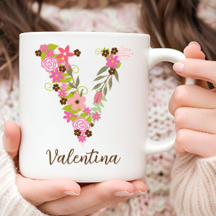 Personalised Monogram Floral Letter V Coffee Mug