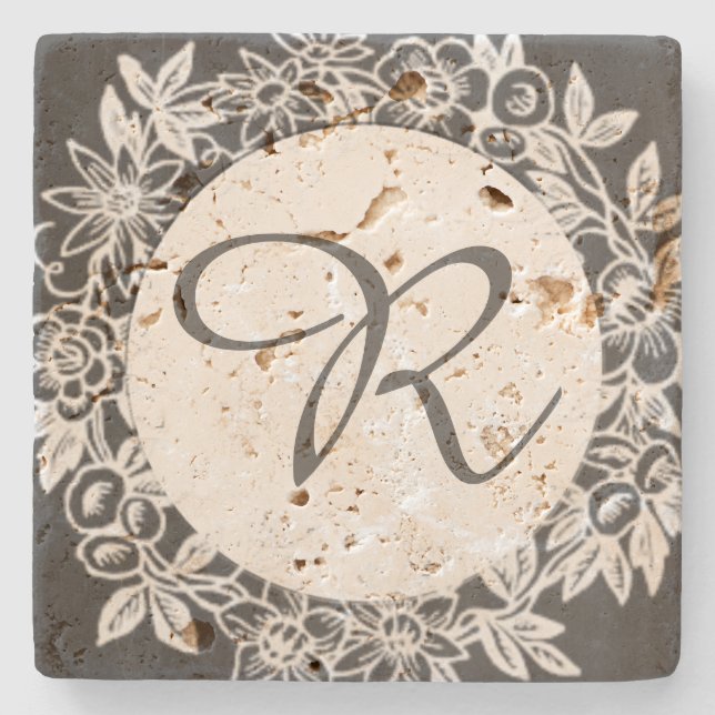 Personalised Monogram Floral Stone Coaster (Front)