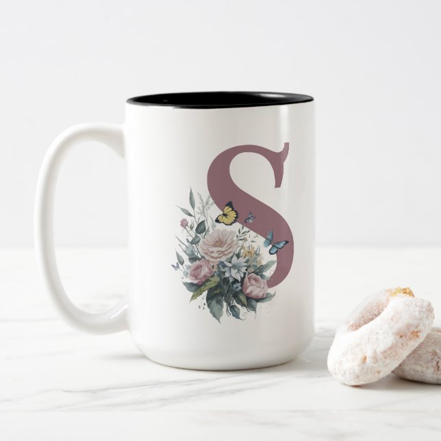 Personalised Monogram Flower Name Two-Tone Coffee Mug (With Donut)