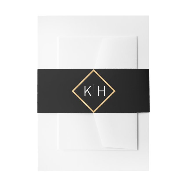 Personalised Monogram Gold Frame Black Wedding Invitation Belly Band (Front Example)
