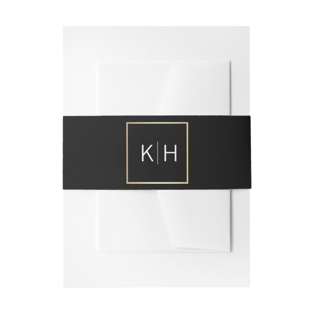 Personalised Monogram Gold Frame Black Wedding Invitation Belly Band (Front Example)