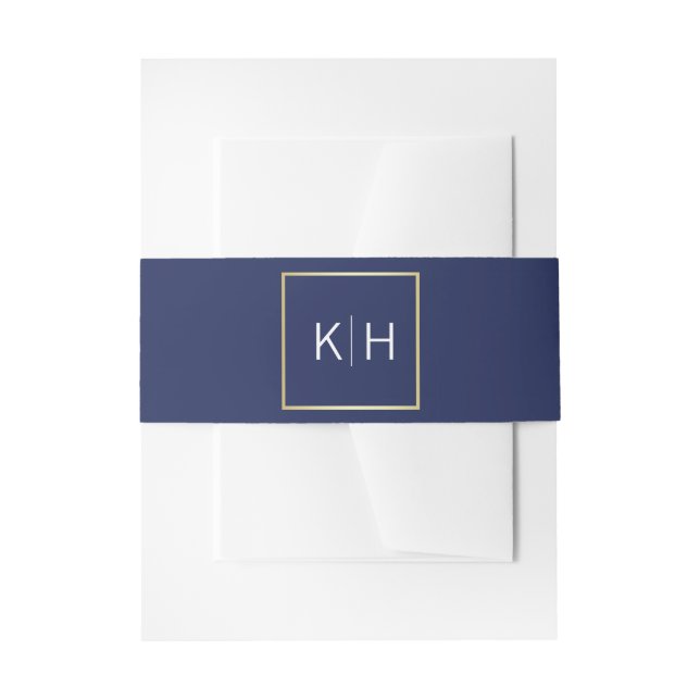Personalised Monogram Gold Frame Navy Blue Wedding Invitation Belly Band (Front Example)