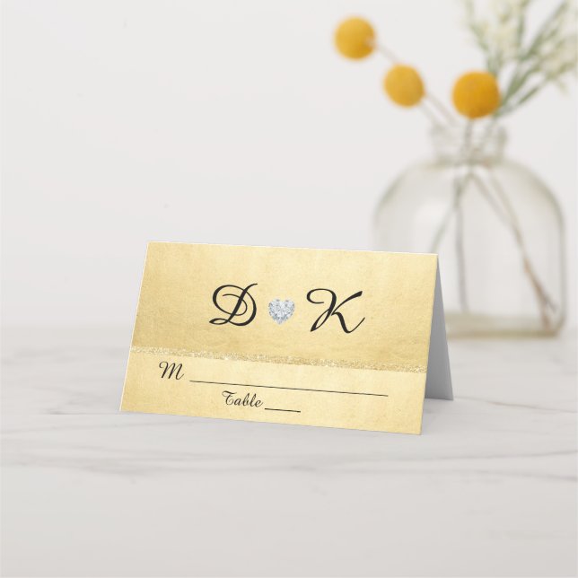 Personalised Monogram Gold Heart Diamond Wedding Place Card (Front)