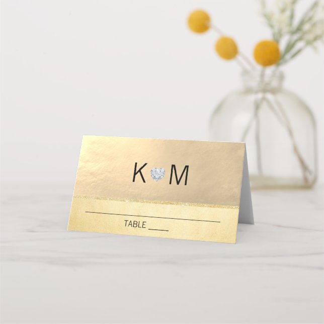 Personalised Monogram Gold Heart Diamond Wedding Place Card (Front)