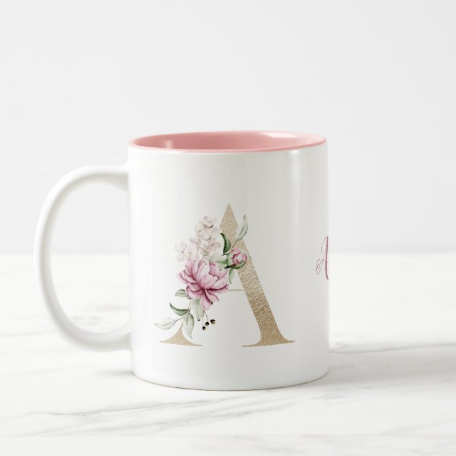 Personalised Monogram Gold Letter A Pink Floral Two-Tone Coffee Mug (Left)