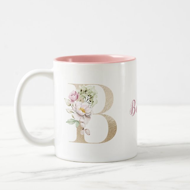Personalised Monogram Gold Letter B Pink Floral  Two-Tone Coffee Mug (Left)