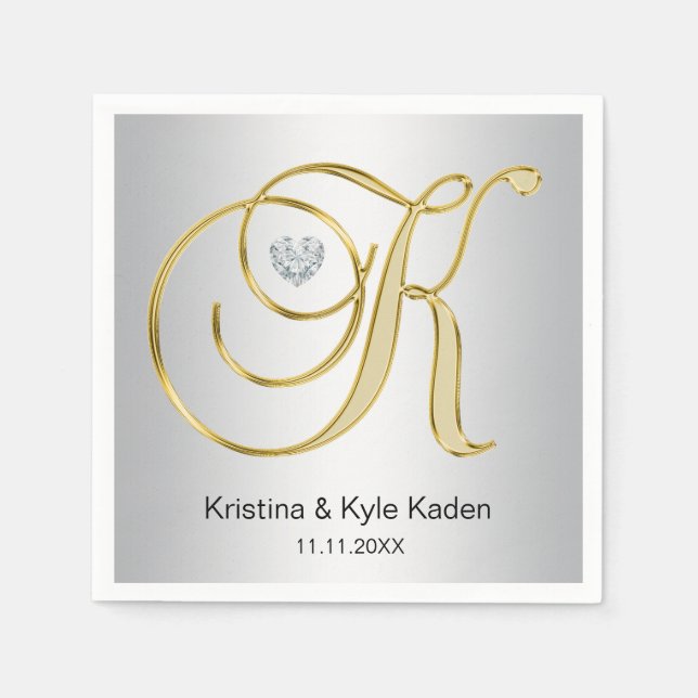 Personalised Monogram Gold Letter K Silver Wedding Napkin (Front)