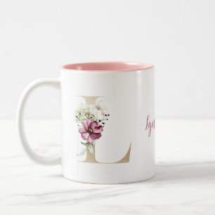 Personalised Monogram Gold Letter L Pink Floral Two-Tone Coffee Mug
