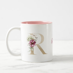 Personalised Monogram Gold Letter R Pink Floral  Two-Tone Coffee Mug