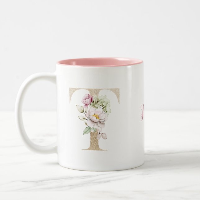 Personalised Monogram Gold Letter T Pink Floral Two-Tone Coffee Mug (Left)