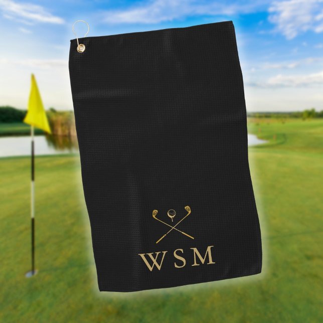 Personalised Monogram Golf Clubs Black And Gold Golf Towel (Personalized Monogram Golf Clubs Black And Gold Golf Towel)