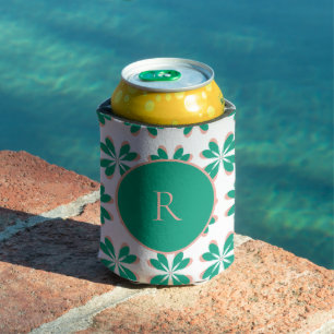 Personalised Monogram Green Floral Can Cooler