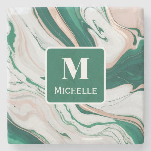 Personalised Monogram Green & Gold Marble Stone Coaster