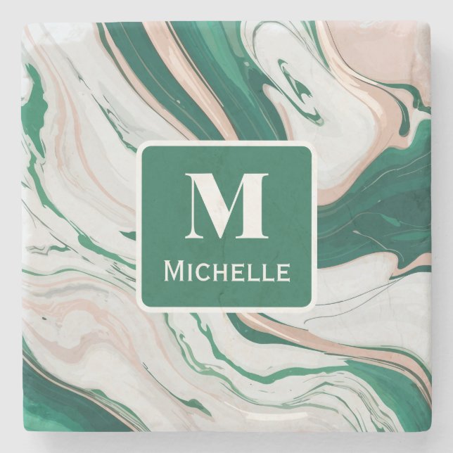 Personalised Monogram Green & Gold Marble Stone Coaster (Front)