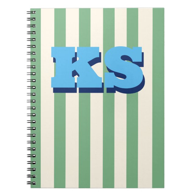 Personalised Monogram Green Stripe Custom Initials Notebook (Front)