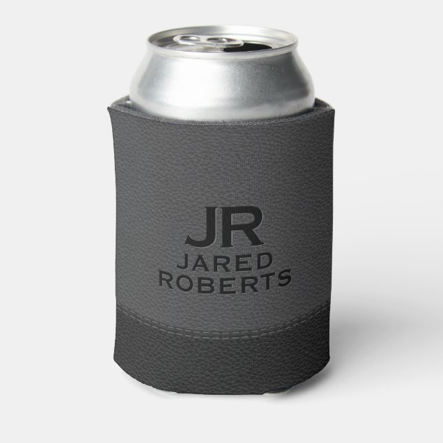 Personalised Monogram Grey & Black Leather Can Cooler (Can Back)