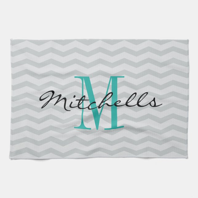 Personalised monogram grey chevron kitchen towels (Horizontal)