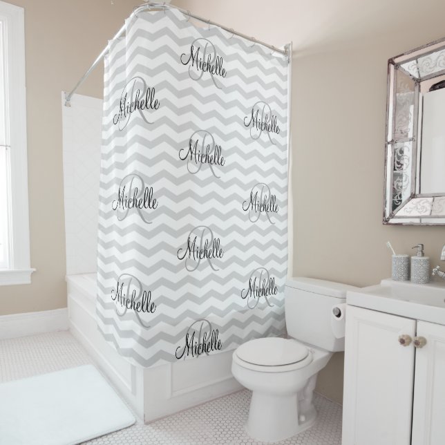 Personalised monogram grey chevron shower curtains (In Situ)