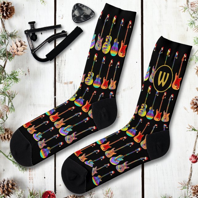 Personalised Monogram Guitar Christmas Socks (Personalized monogram Christmas Guitars wearing Santa hats illustration on black holidays socks)
