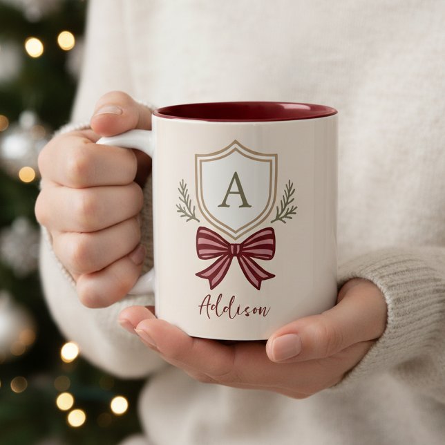 Personalised Monogram Initial Name Bow Christmas Two-Tone Coffee Mug (Creator Uploaded)